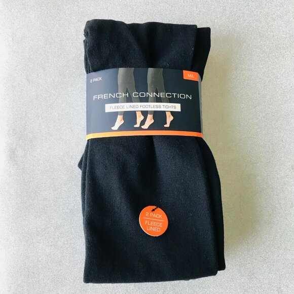 French Connection Womens Fleece Lined Black Footless Tights 2 Pk,  Size M/L - Picture 1 of 3